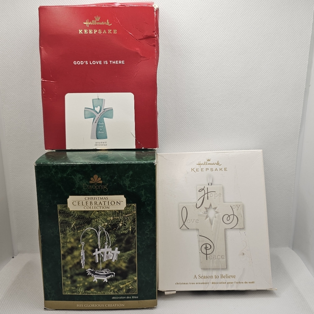 3 Hallmark Dayspring Christmas Ornament Cross set lot Religion religious God lov